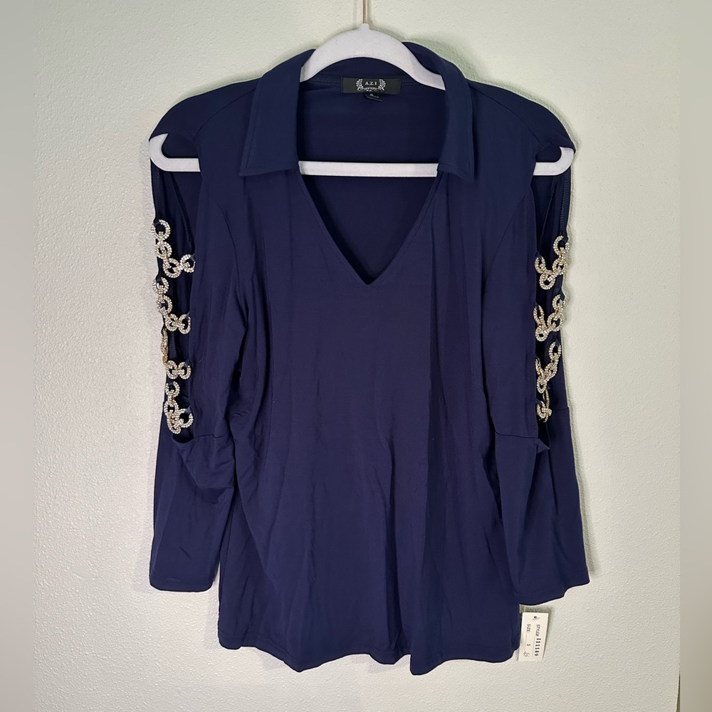 A.Z.I Navy Blouse with Gemmed Sleeves